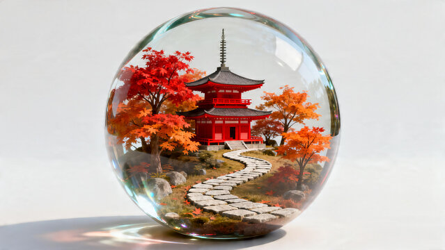 Minimalist 3D diorama of Japanese zen temple inside glass prism