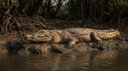 Fototapeta premium Saltwater Crocodile Resting on Muddy Riverbank in the Sundarbans