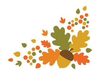 Autumn corner border design with colorful oak leaves and a brown acorn for seasonal decoration © azad