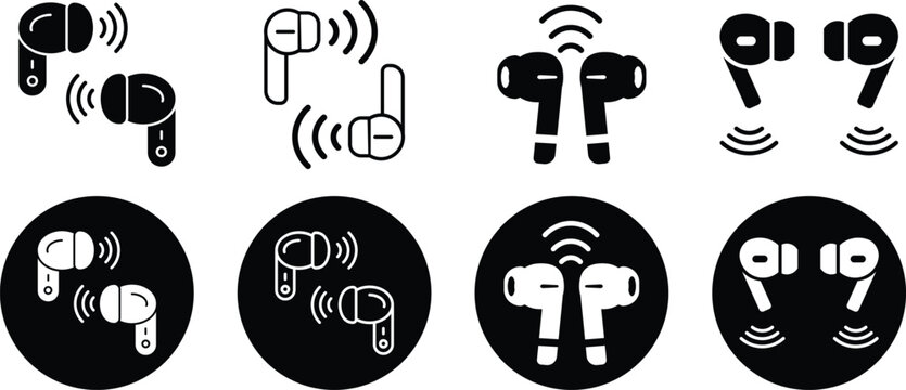 Wireless earbuds icons set showing bluetooth earphones and audio sound waves in black.