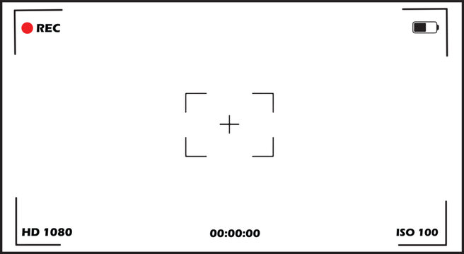 Professional digital camera viewfinder overlay featuring recording indicator battery status and focus reticle on a clean stark white background frame