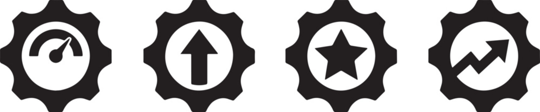 Four black gear icons featuring a speedometer an arrow a star and a rising graph chart on white background isolated