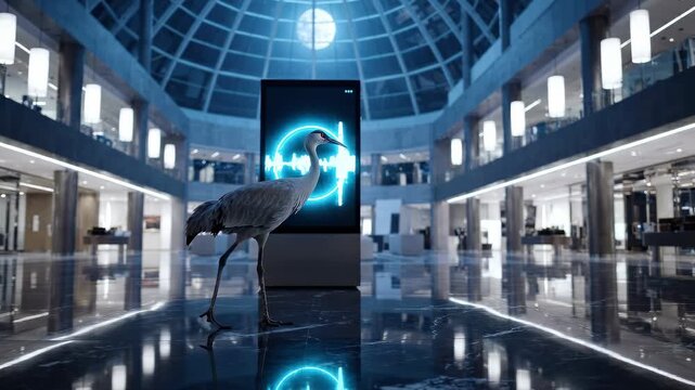 A majestic crane moves elegantly across the polished floor of a modern plaza, illuminated by vibrant blue light from digital displays, surrounded by striking architectural designs.