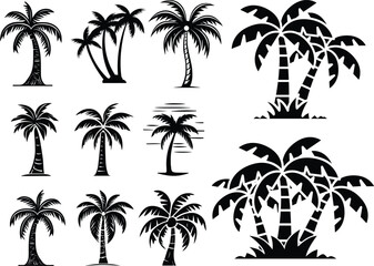 Palm tree silhouettes set including tropical coconut trees and exotic island vegetation graphics. © Ripon S