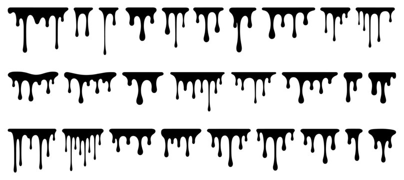 Set of black dripping liquid silhouettes showing various paint, ink, or chocolate drip patterns in a minimalist graphic vector illustration