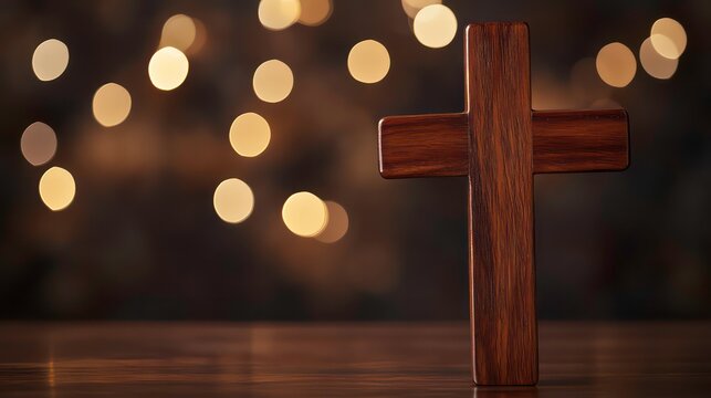 Classic wooden cross with a blurred background of twinkling lights, symbolizing faith, hope, and the Christian message. Ideal for religious, Easter, or inspirational projects.