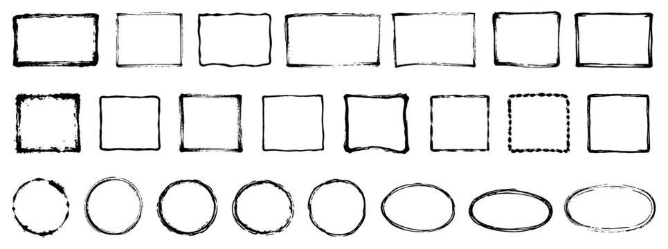 Large set of hand-drawn black frames in various grunge styles including squares, rectangles, circles, and ovals with rough brush stroke textures for design elements