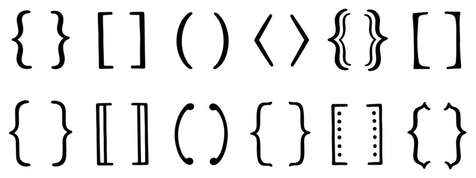 Collection of hand-drawn black brackets including curly braces, parentheses, and square brackets in various doodle styles arranged in a neat grid