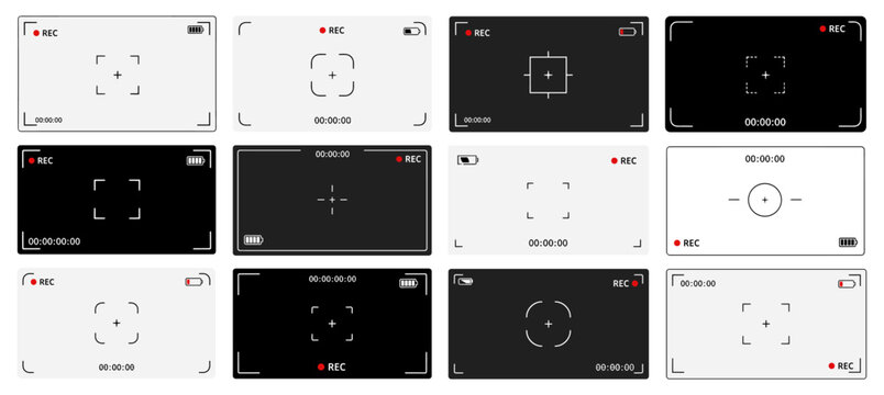 Collection of digital camera viewfinder interfaces showing various recording screen overlays with focus marks, timecodes, and battery status icons in a minimalist graphic style