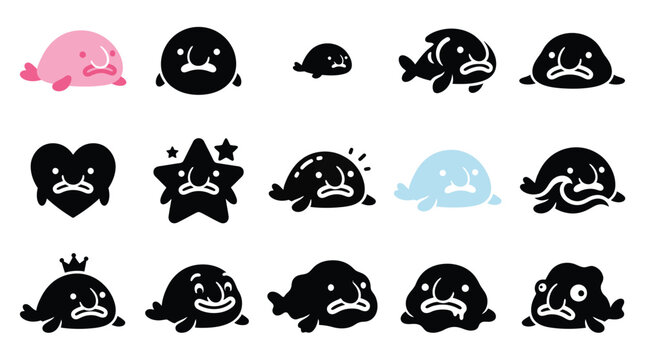 Collection of cute blobfish illustrations in various poses and emotions, perfect for stickers or icons.