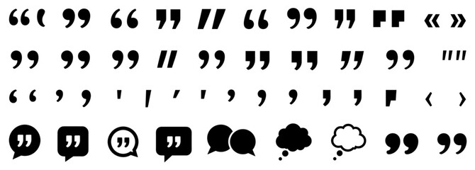 Fototapeta premium Collection of black quotation marks and punctuation symbols in various typographic styles, including different fonts, speech bubbles, and thought bubbles for communication concepts