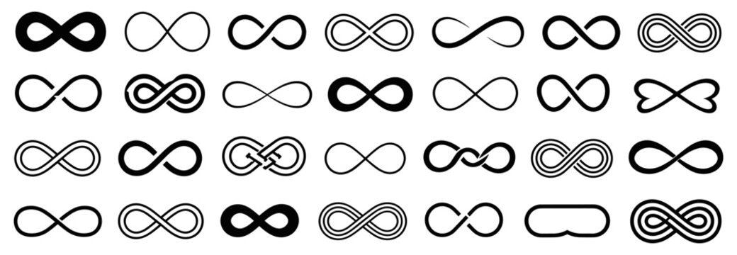 Large collection of black infinity symbols in various graphic styles, including solid, outline, and intertwined knot designs, representing concepts of eternity and endless love