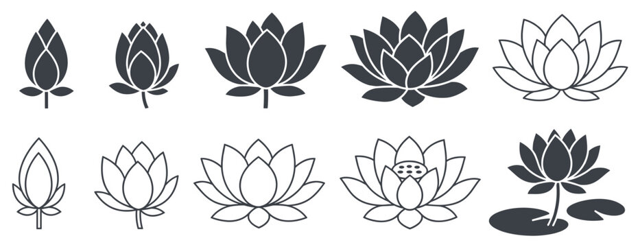 Set of ten black lotus flower icons in various stages of blooming, from bud to fully open flower, rendered in minimalist solid silhouette and clean line art styles