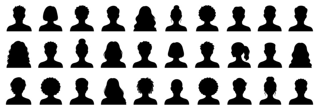 Set of black silhouette headshot avatars of diverse men and women with various hairstyles, representing a collection of anonymous user profiles or generic people icons