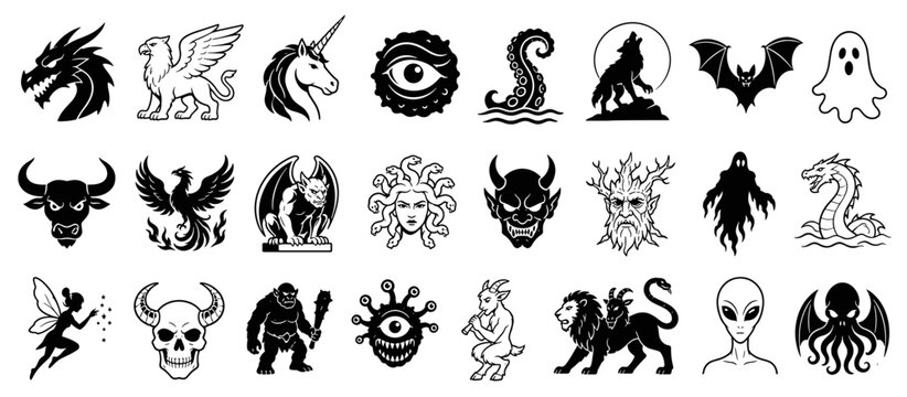 Black and white mythical creature icon set featuring a dragon, griffin, unicorn, medusa, devil, and other fantasy monsters in a graphic illustration style