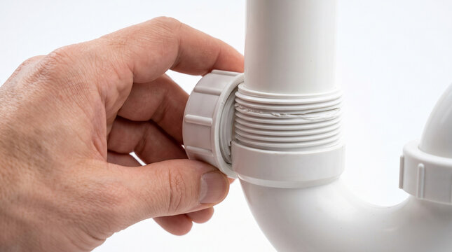 Hand Tightening Plastic Nut on White Sink Drain Pipe Close Up