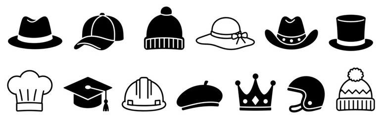 Fototapeta premium Collection of twelve black hat icons representing various professions and styles, including a fedora, baseball cap, beanie, cowboy hat, chef toque, and graduation cap