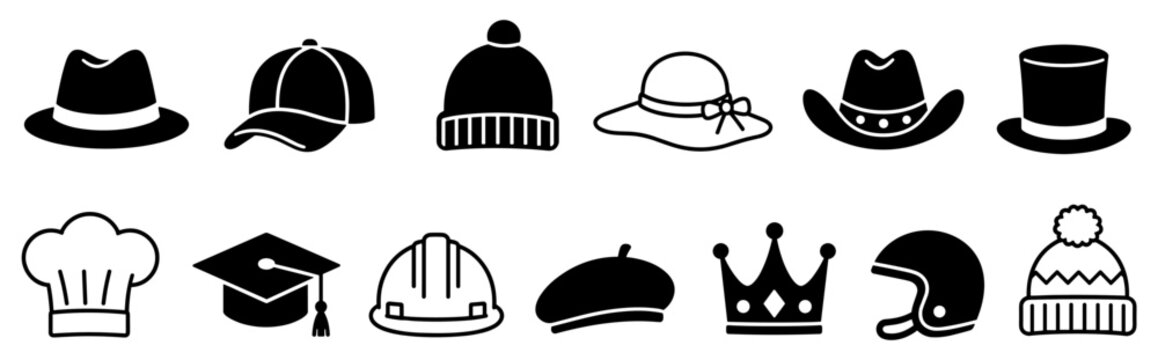 Collection of twelve black hat icons representing various professions and styles, including a fedora, baseball cap, beanie, cowboy hat, chef toque, and graduation cap