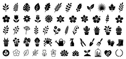 Fototapeta premium Black plant and gardening glyph icon set with various flowers, leaves, potted plants, and tools like watering cans and shears, isolated on a white background
