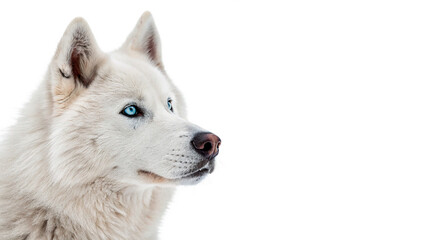 Close up portrait of a beautiful fluffy white husky dog looking alert isolated on transparent background cut out © Ivan