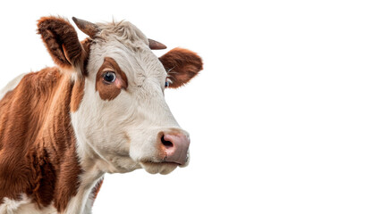 Close up head portrait of a brown and white dairy cow isolated on transparent background cut out © Ivan