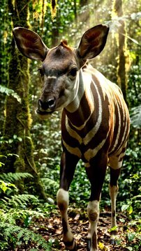 Okapi standing in a dense forest.