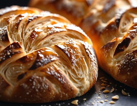 Macro texture: crispy golden crust of freshly baked artisan bread stimulating the senses
