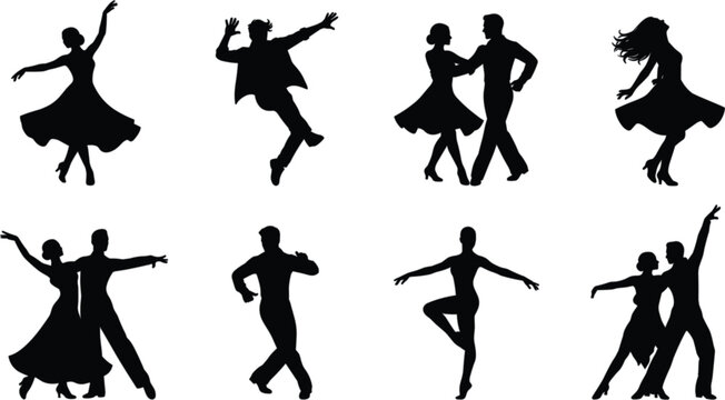 Collection of eight black silhouettes of male and female dancers performing elegant ballroom and solo dance routines