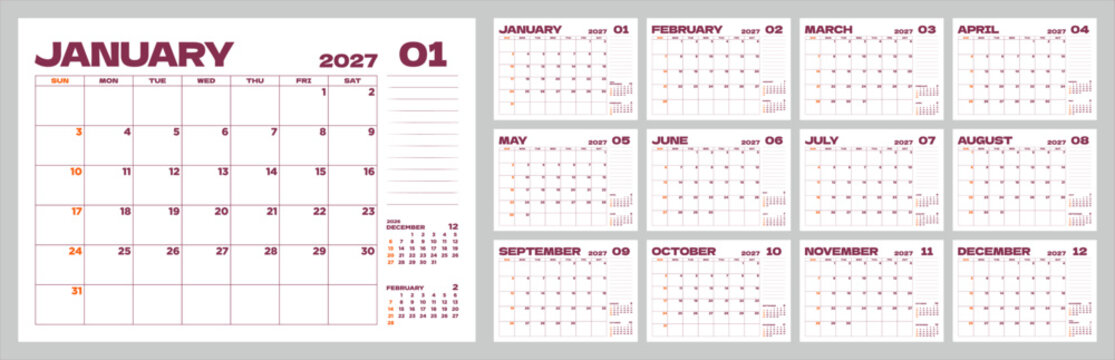 Set of 12 months of monthly calendars for 2027, simple desktop calendar starting on Sunday.