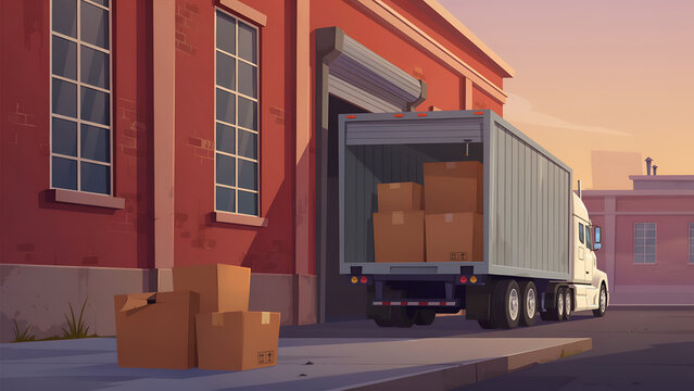 A white semi-truck parked at a red brick warehouse loading dock with cardboard boxes stacked outside, illustrating a logistics and shipping scene