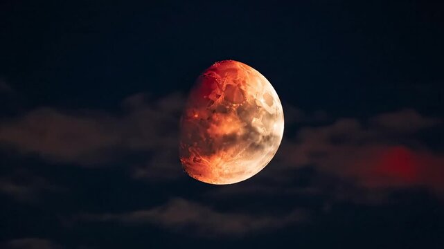 A stunning view of the partial lunar eclipse glowing red in the dark night sky.