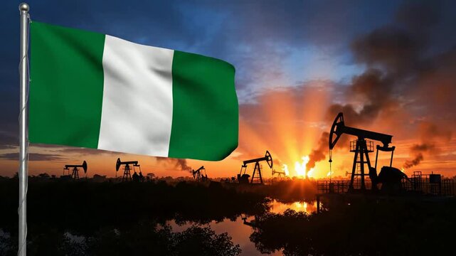 Nigerian flag waving against oil pump jacks and sunset industrial landscape oil industry petroleum energy