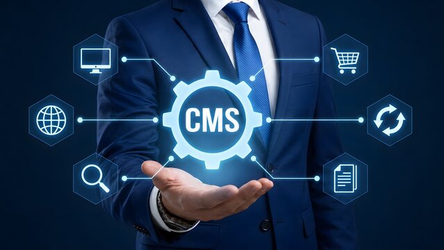 Content management system concept showing website documents shopping cart and automation tools