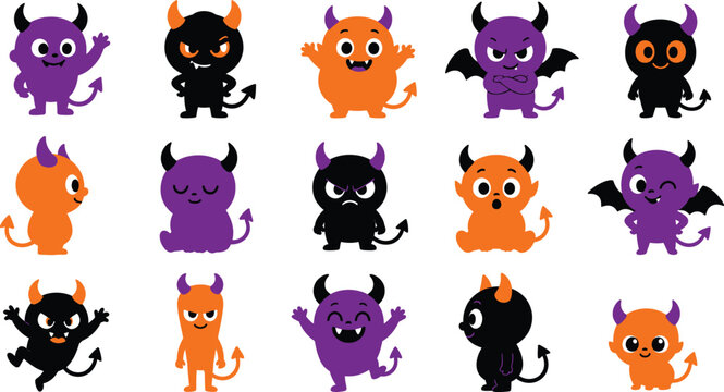 Colorful cute Halloween monster character set featuring spooky cartoon creatures, demons, goblins and kawaii clipart mascots