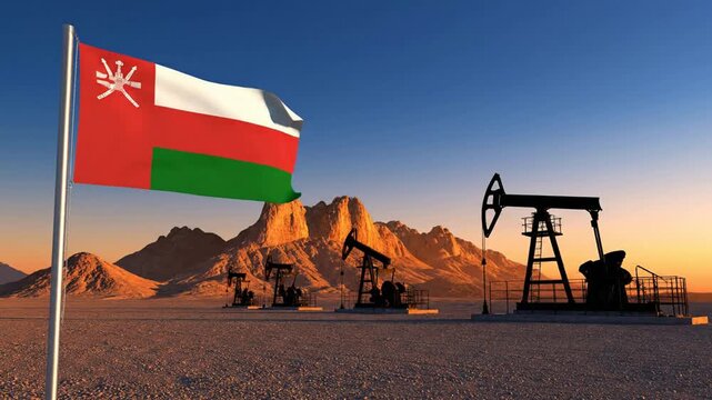 Oman flag waving over oil pump jacks in desert landscape at sunset energy industry and middle east economic concept