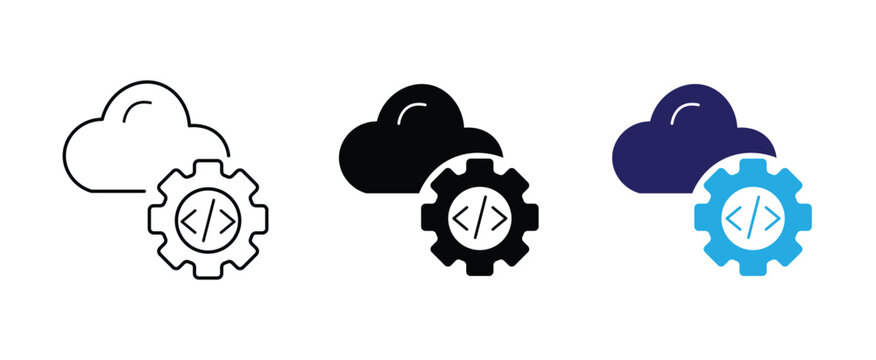 Cloud computing development and configuration icon set showing coding and settings.