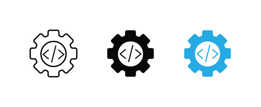 Three variations of a programming settings icon, featuring a cogwheel with a code tag symbol inside, representing development and configuration.