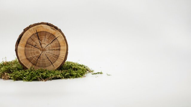 Cross section of a tree log resting on green moss isolated on white background