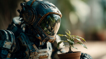 Fototapeta premium A weary explorer in a metallic spacesuit holding a small potted plant in an outdoor setting