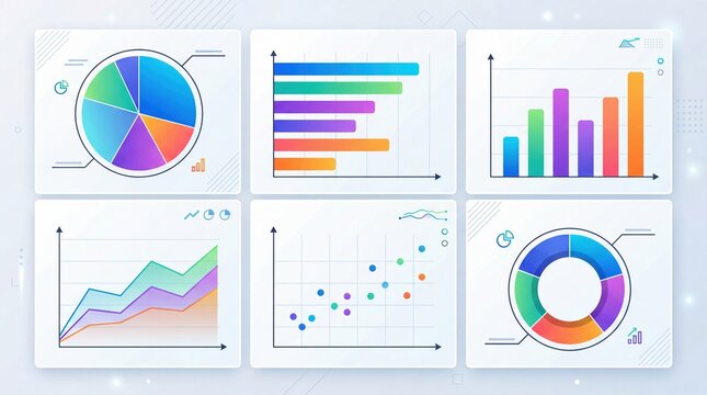 Set of colorful business infographic templates with pie charts bar graphs scatter plots and trend lines for financial report presentation and data analysis visualization.