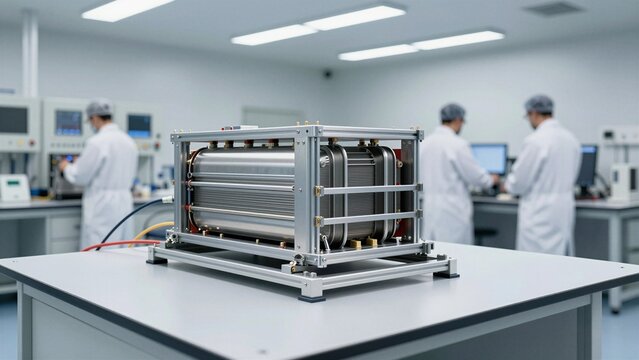 Modern hydrogen fuel cell stack on test table in laboratory with scientists working.