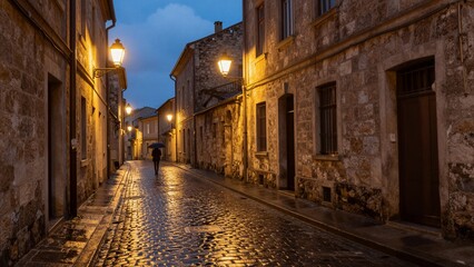 Fototapeta premium A solitary figure walks down a wet cobblestone street in a historic town at dusk, illuminated by warm street lamps.