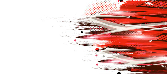 Abstract background design with striking red and dark red geometric shapes, brush strokes, and halftone dots, dynamic diagonal composition on white. © Design_Hub
