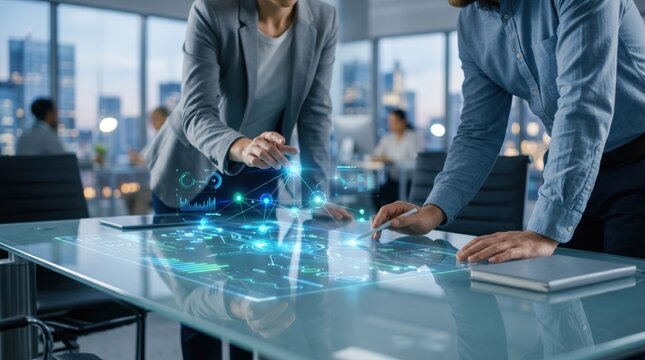 Business professionals analyzing futuristic holographic data charts and graphs on glass table in modern office
