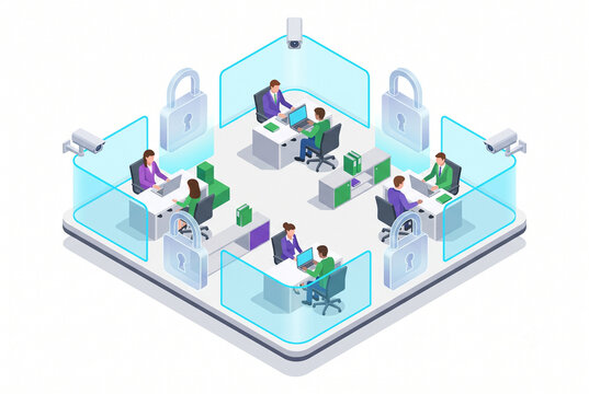 Secured Corporate Office Workspace Isometric Vector Illustration