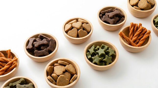 Small bowls filled with variety of colorful dog treats and bone shaped biscuits for healthy pets. vet recommended treats