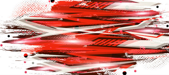 Abstract background design with striking red and dark red geometric shapes, brush strokes, and halftone dots, dynamic diagonal composition on white. © Design_Hub