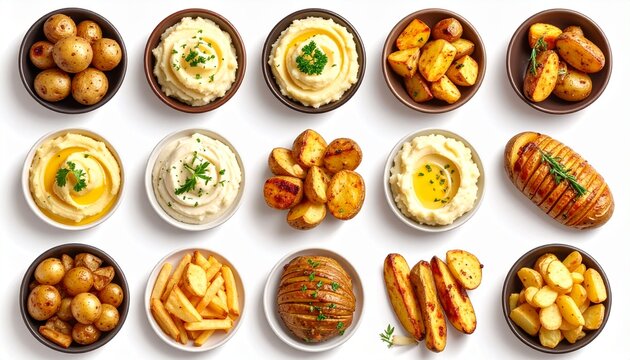 Realistic close-up top view of roasted potatoes, potato wedges, French fries, Hasselback potatoes, mashed potatoes, jacket potatoes, white background.