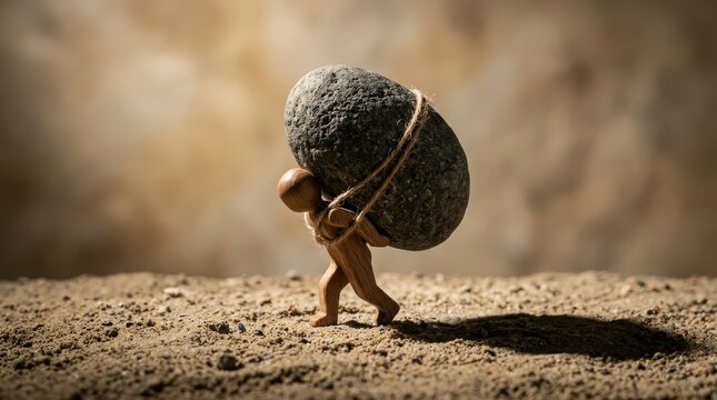 Small wooden figure carrying a heavy stone boulder on a sandy ground surface in a cinematic conceptual style