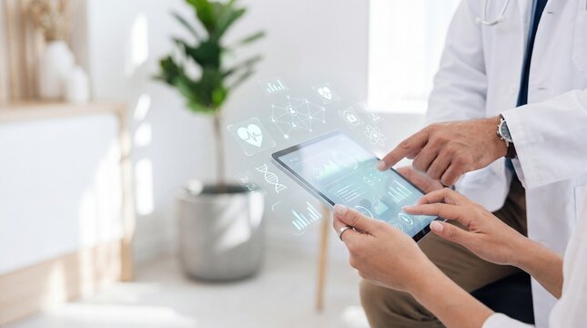 Doctors discussing health data on tablet in bright clinic, medical consultation concept, two physicians analyzing charts and graphs, teamwork in healthcare profession
